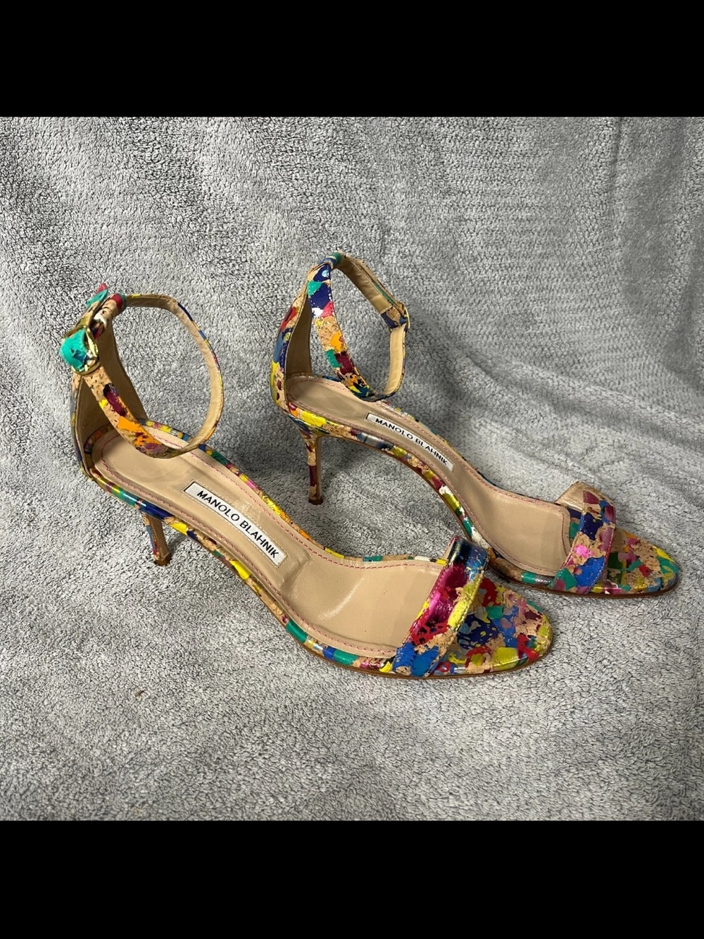 Manolo Blahnik Chaos Ankle Strap Sandals Cork Splatter Paint Size 39.5 US 9.5